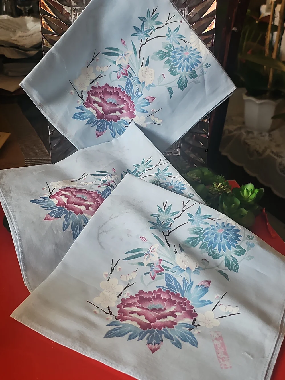 NEW Set 3 Vintage square Handkerchief floral blue pastel (17x17